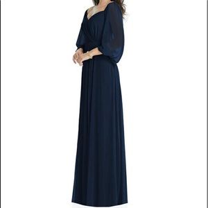 Dessy Off-the-Shoulder Puff Sleeve Maxi Dress with Front Slit in Midnight Navy